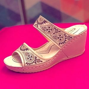 Italina Beige Tribal Tatoo Sequin Studded Slide In Mule Comfort Wedge